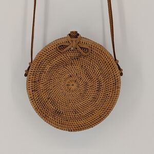 Round Ata Grass Round Rattan Crossbody Bag | Woven Bow Closure | Made Indonesia